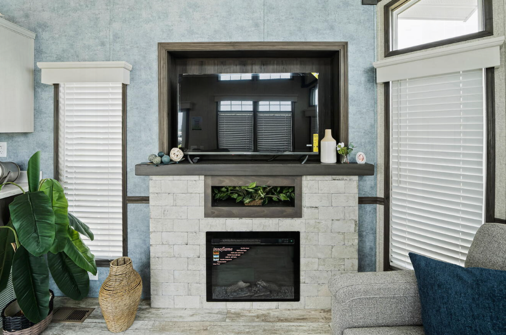 Park model RV living room with large windows